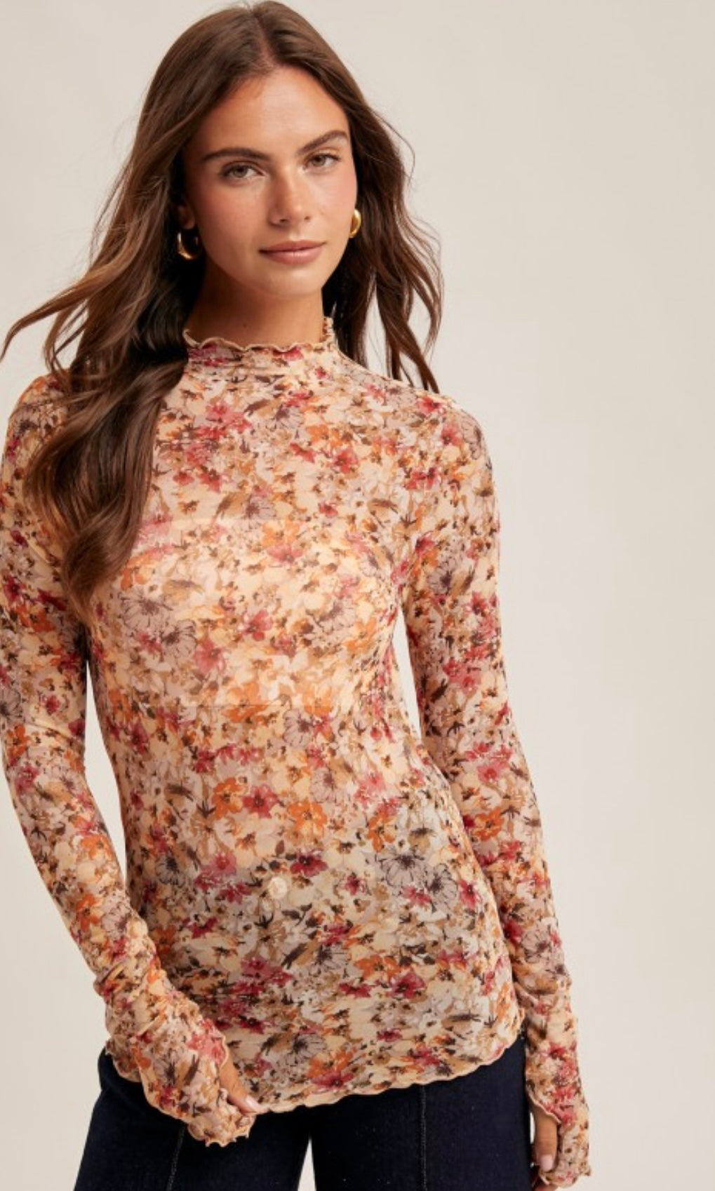 Maria Floral Mesh Print Mock Neck Long Sleeve