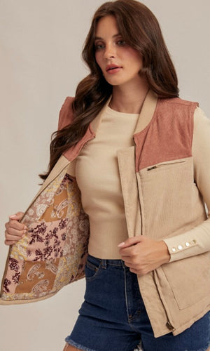 Aleena Taupe Corduroy Mixed Print Vest