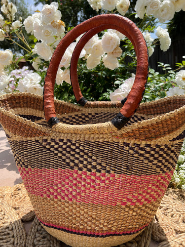 Authentic Medium Market Basket Leather Handle Straw Tote Bag