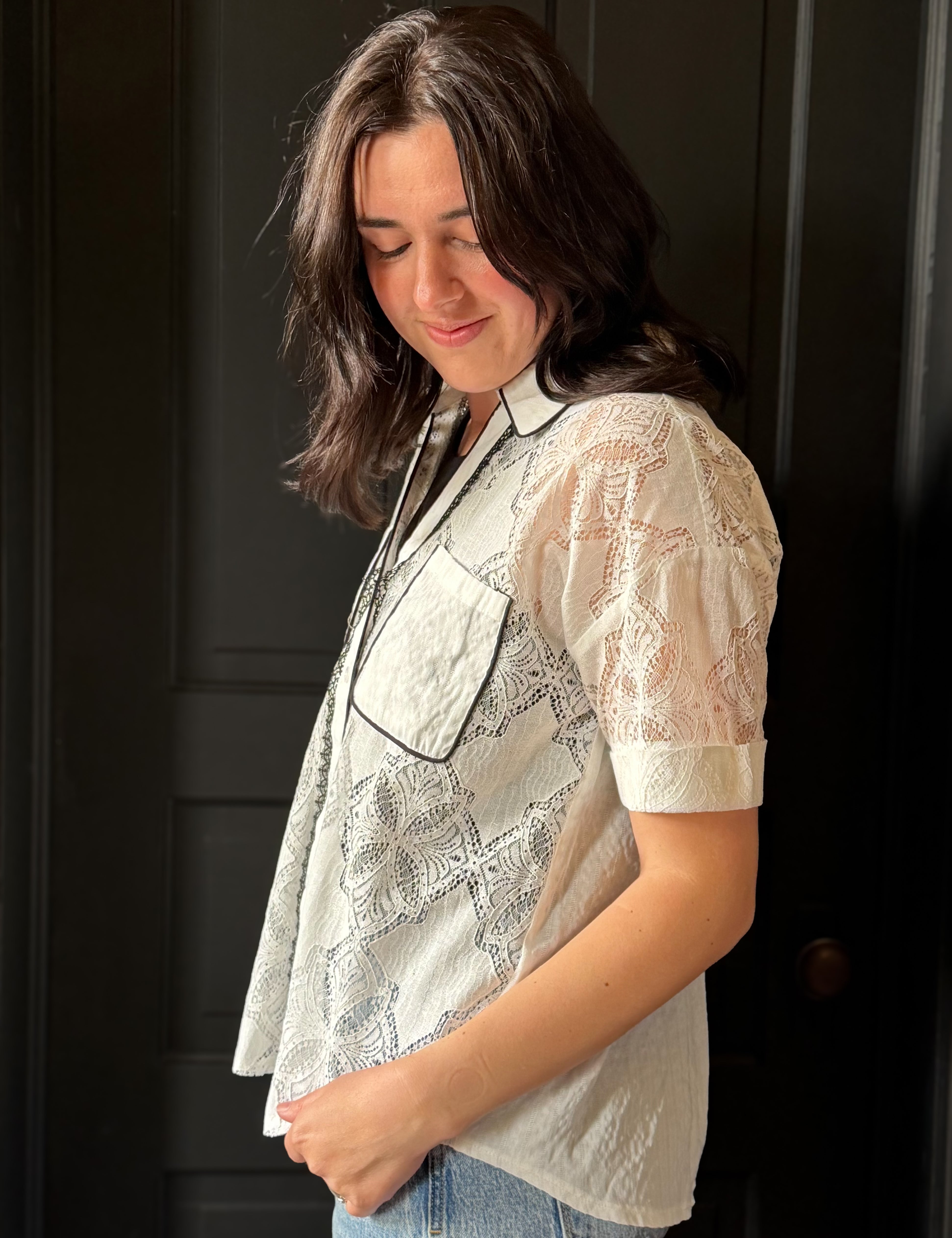 Hayes Contrast Piping Lace Button Down Shirt