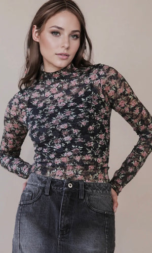 Percy Black Floral High Neck Fitted Sheer Mesh Lace Knit Top