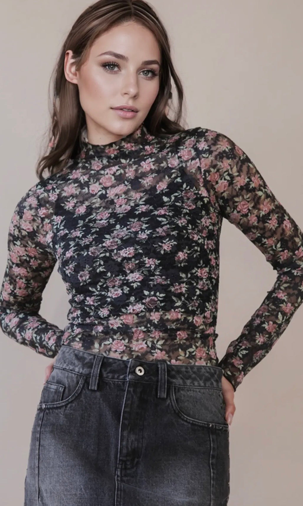 Percy Black Floral High Neck Fitted Sheer Mesh Lace Knit Top