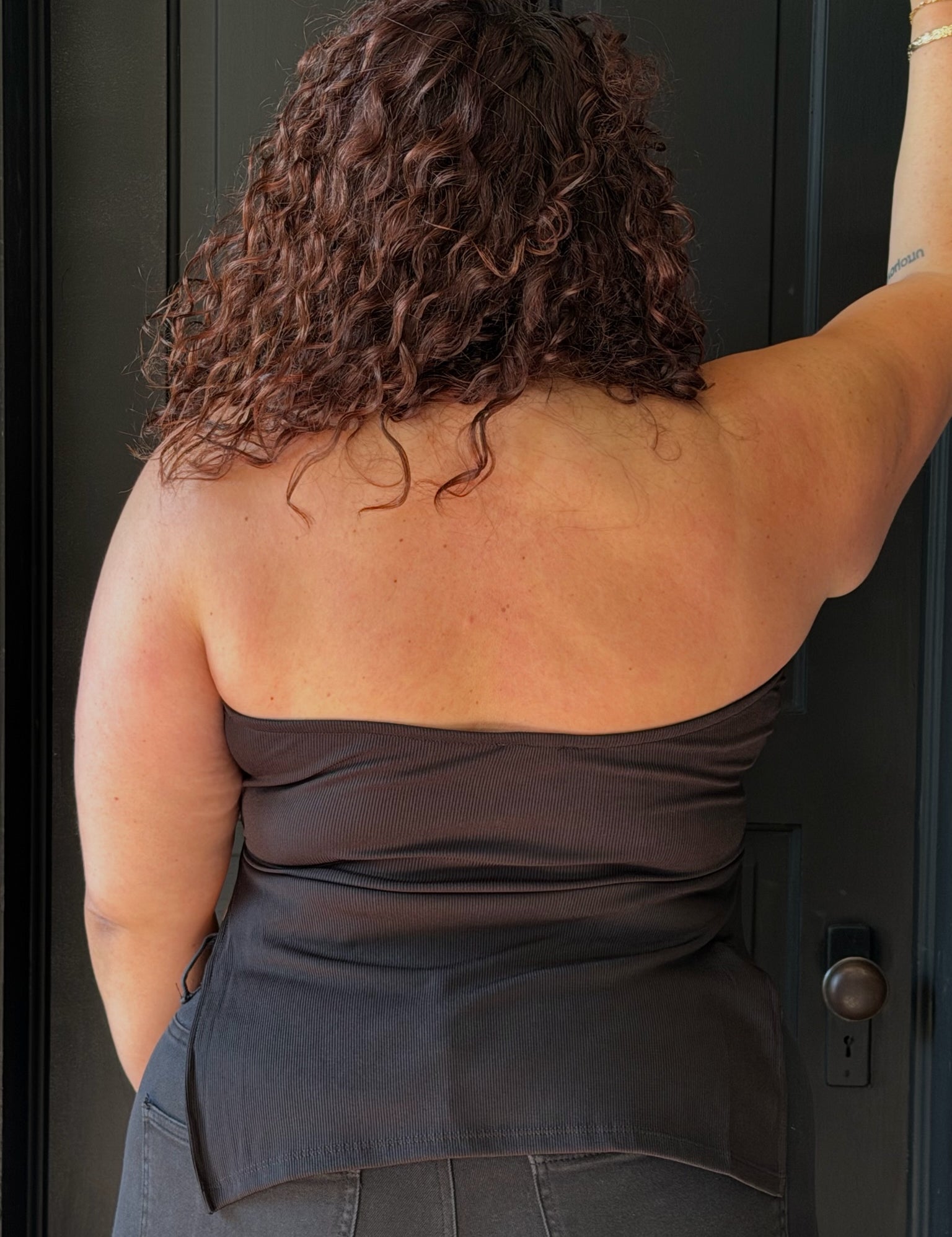 Coraline Black Plus Strapless Ribbed Flare Top