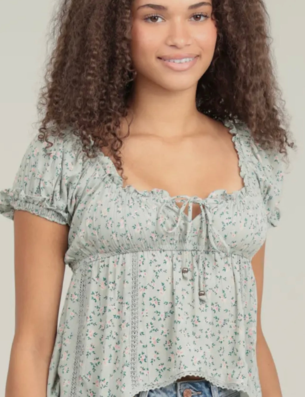 Aloka Mint Lace Trim Ditsy Print Blouse