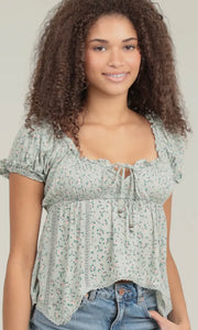 Aloka Mint Lace Trim Ditsy Print Blouse