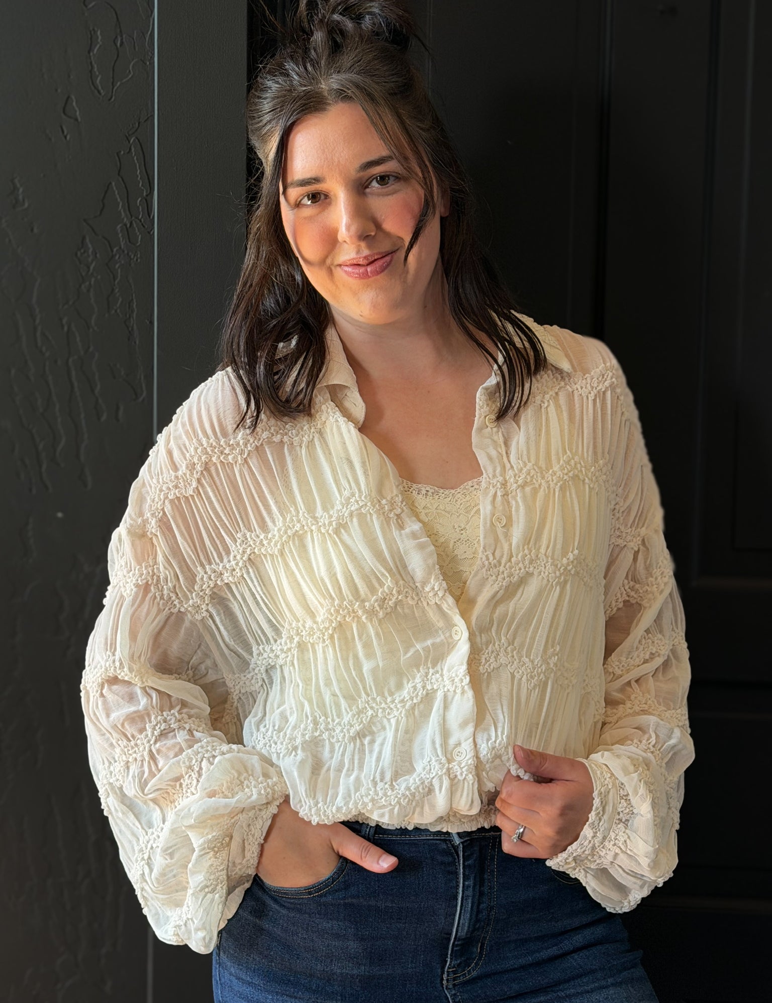 Haider Sheer Textured Button Down Blouse