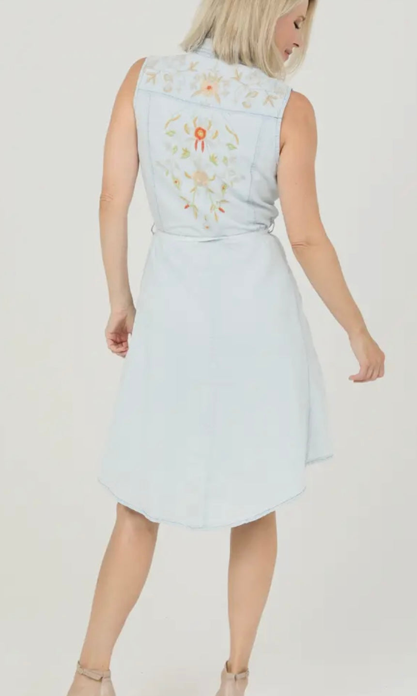 Ginny Embroidered Belted Denim Dress