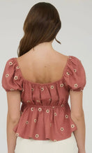 Lia Sienna Embroidered Daisy Puff Sleeve Pleated Blouse