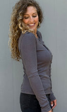 Marigold Teal Snow Wash Rib Button Down Long Sleeve Top