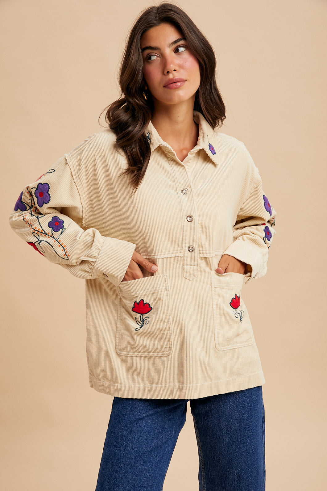 Orion Corduroy Embroidery Henley Shirt