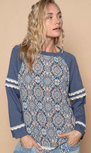 Diana Navy Round Neck Long Sleeve Printed Knit Solid Top