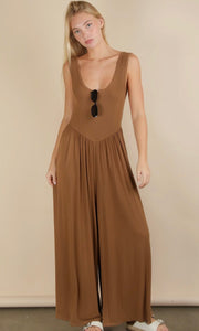 Maria Chocolate Casual Ribbed Knit Sleeveless Jumpsuit