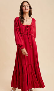 Lian Cranberry Ruffled Fit and Flare Maxi Dress