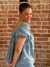 Kimora Floral Print Bubble Sleeve Denim Tunic Top