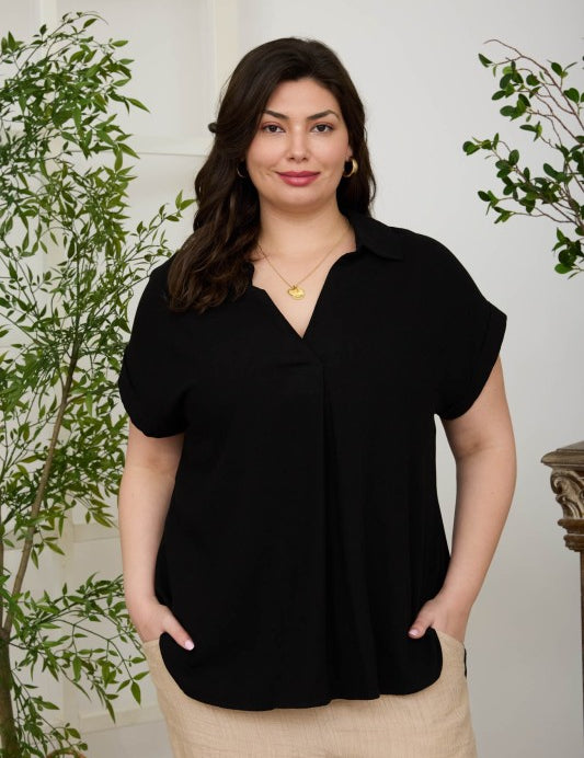 Julian Plus Collared Split Neck Cuff Sleeve Linen Top