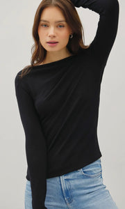 Lucy Black Basic Boat Neck Long Sleeve Knit Top