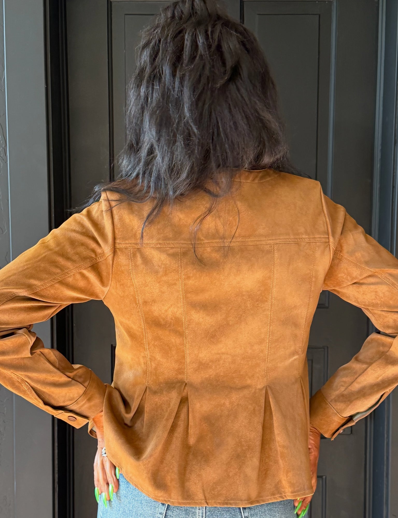 Esther Caramel Faux Suede Vintage Leather Buttoned Peplum Jacket
