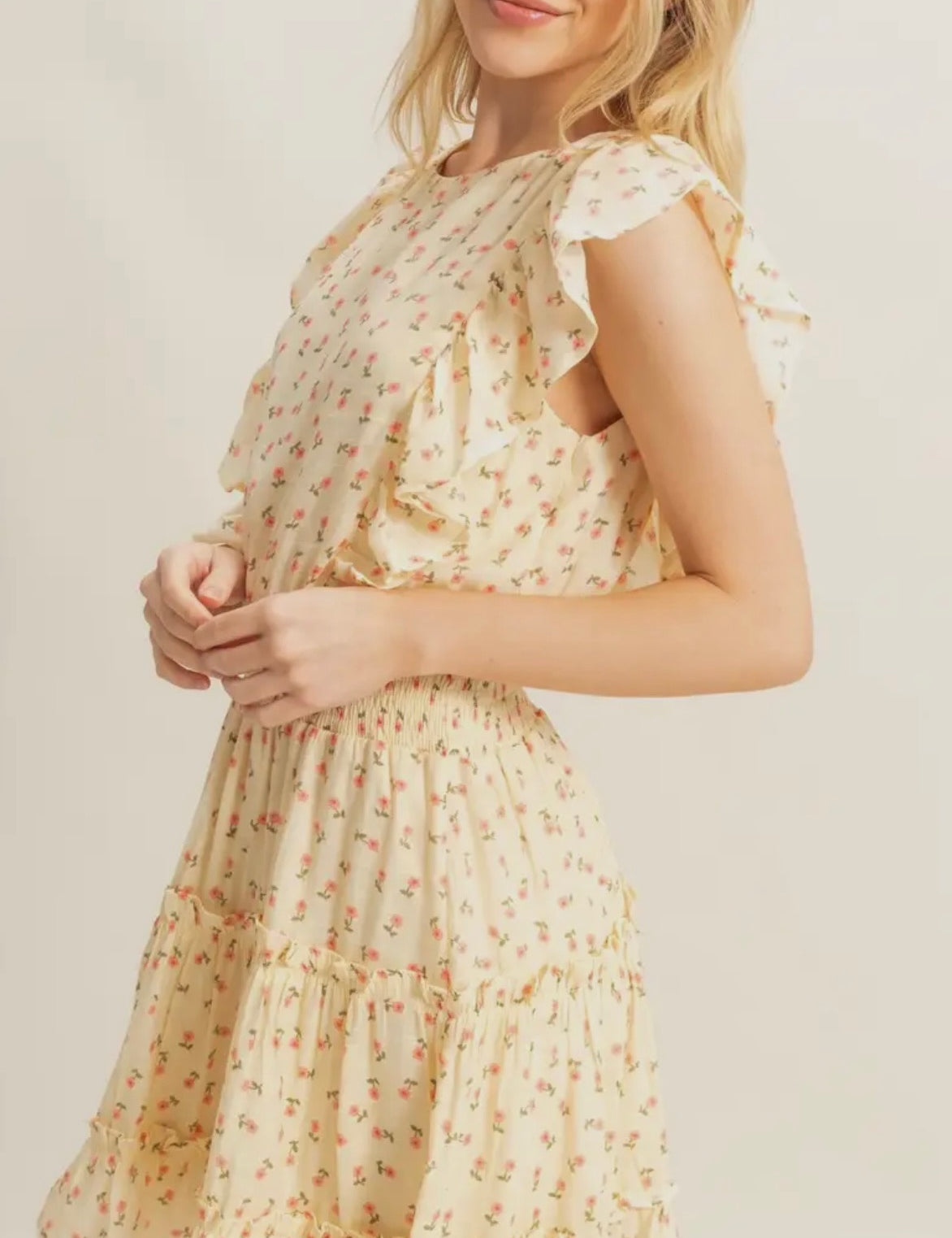 Kayla Butter Disty Floral High Neck Mini Dress