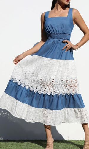 Eowyn Eyelet Denim Combo Midi Dress