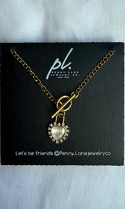 Sophia Pink Pearlescent  Heart Gold Toggle Charm Necklace