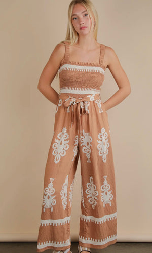 Madeline Taupe Boho Printed Smocking Detail Jumpsuit