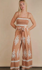 Madeline Taupe Boho Printed Smocking Detail Jumpsuit