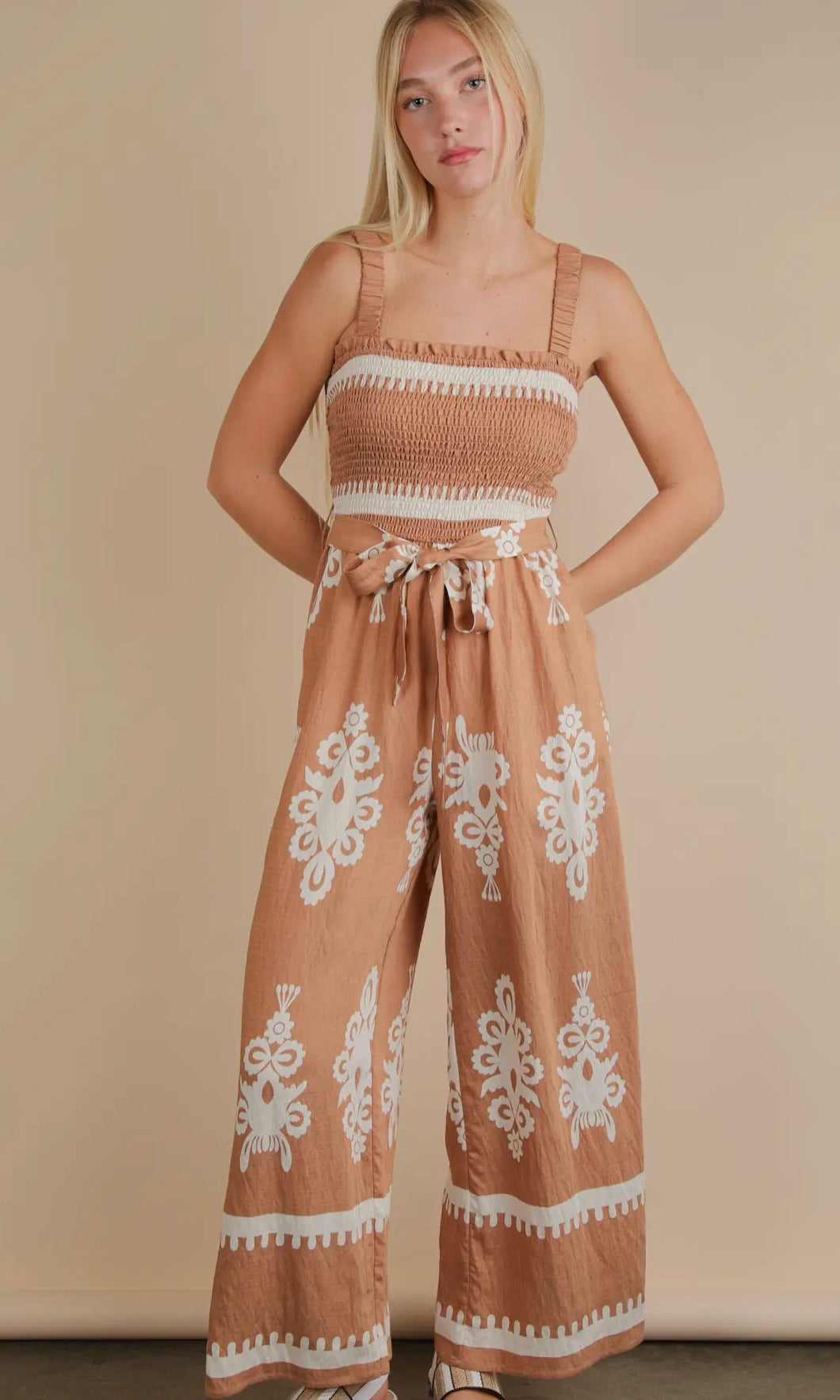 Madeline Taupe Boho Printed Smocking Detail Jumpsuit
