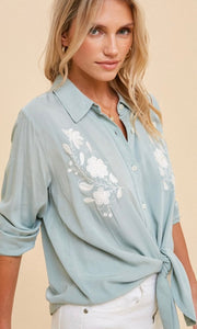 Absa Mint Floral Embroidery Tie-Front Blouse Shirt