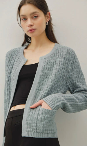 Leo Retro Blue Chunky Knit Open Front Cardigan