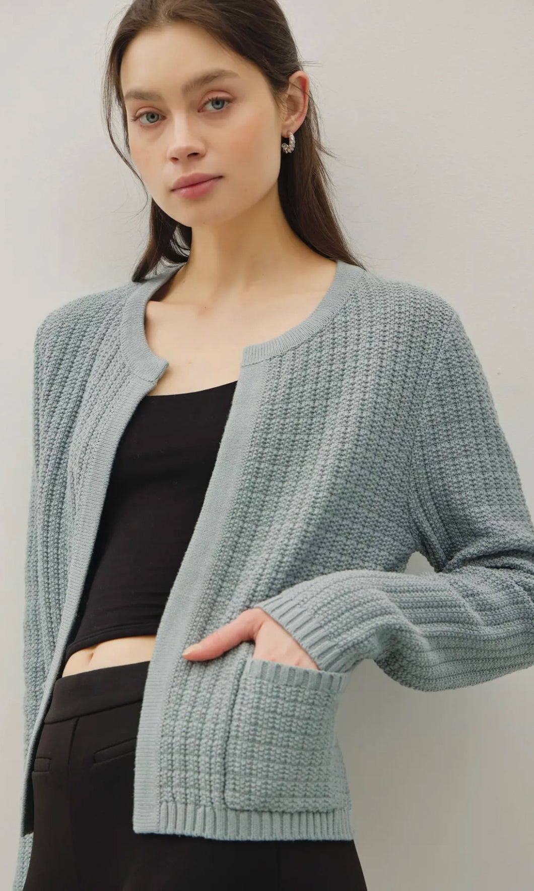 Leo Retro Blue Chunky Knit Open Front Cardigan