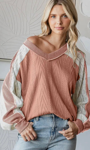 Abby Cable Knit Color Block V Neck Long Sleeve Top