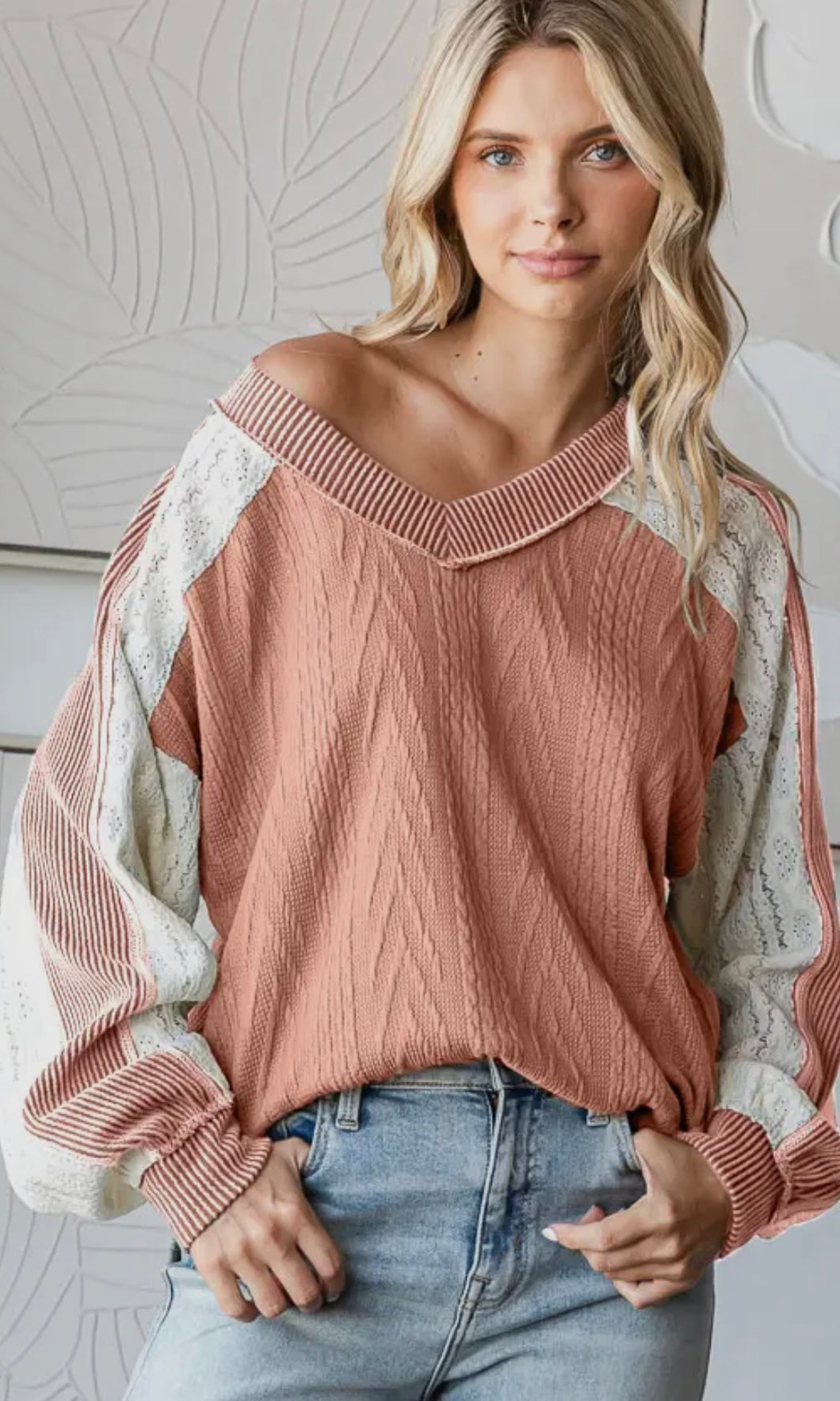 Abby Cable Knit Color Block V Neck Long Sleeve Top