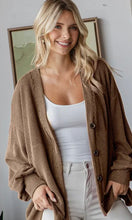 Ariba Chestnut Solid Rib Drop Shoulder Button Balloon Sleeve Cardigan