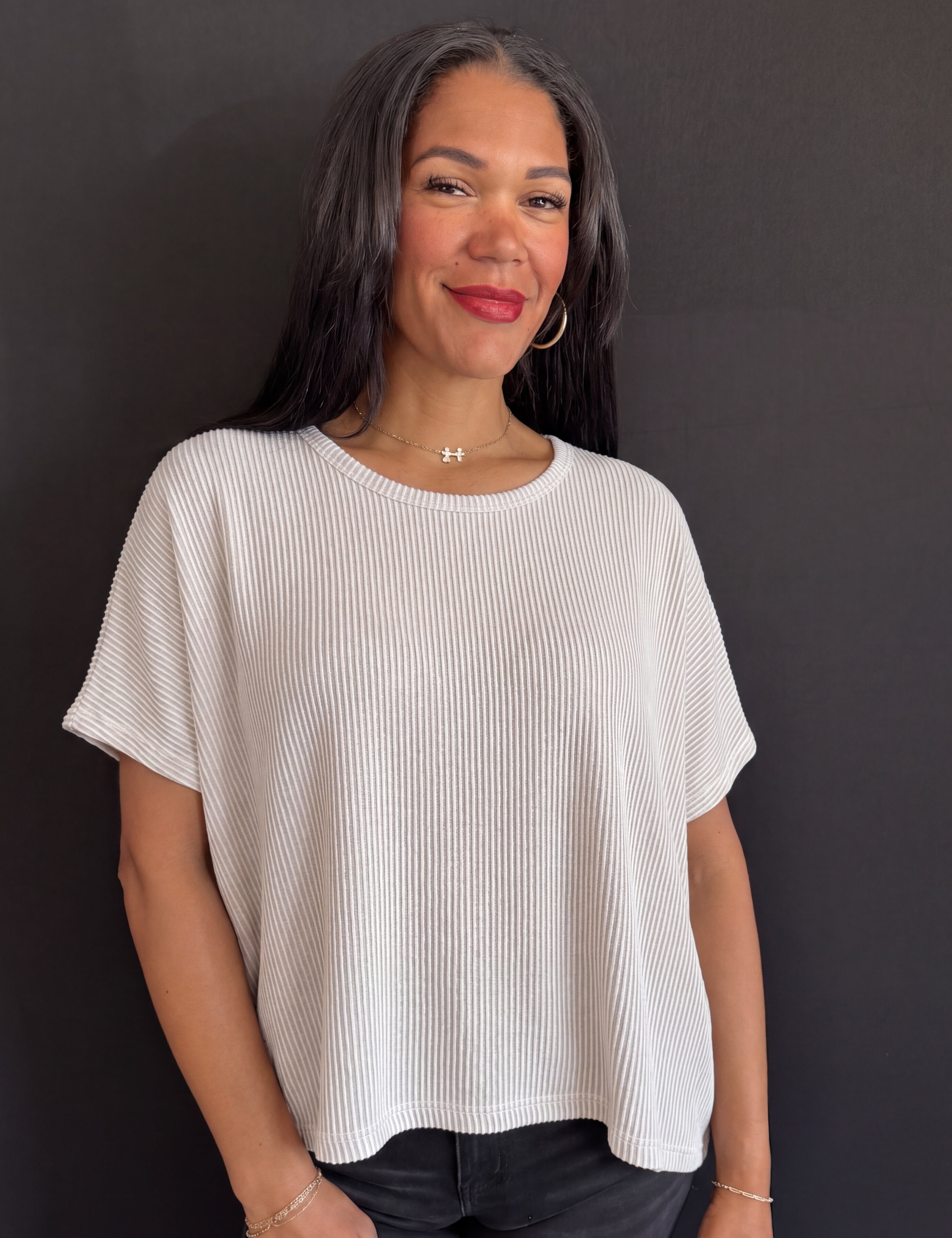 Odalys Ribbed Striped Oversized Short Sleeve Top