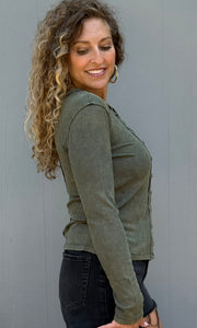 Marigold Green Snow Wash Rib Button Down Long Sleeve Top
