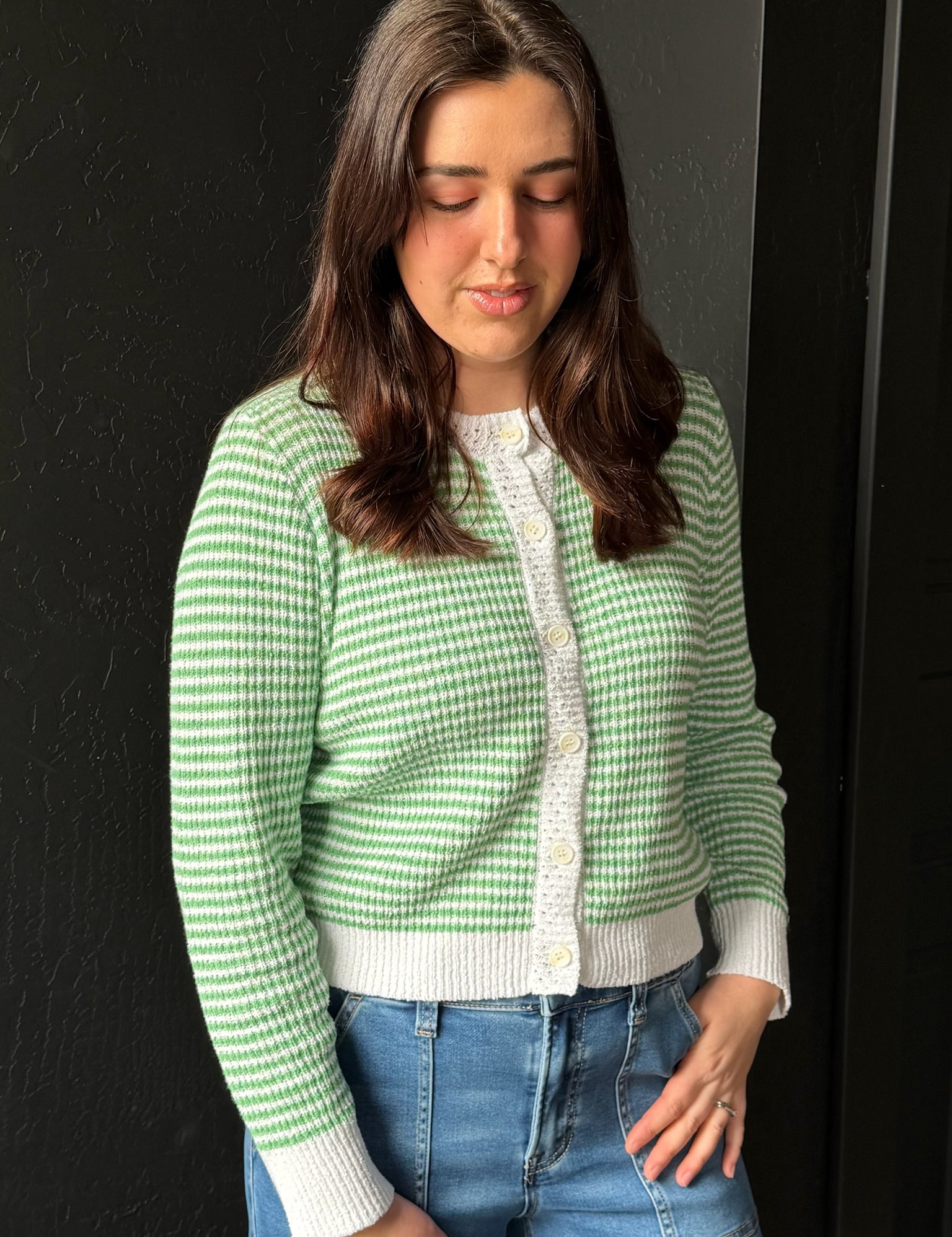 Unoe Apple Mint Mini Stripe Round Neck Cardigan