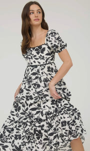 Lawson Black Floral Scallop Trim Puff Sleeve Midi Dress