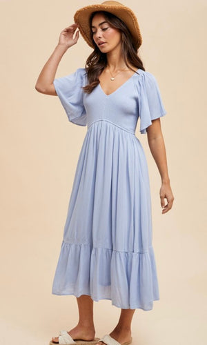 Finnick Smocked Midi Flutter Sleeve Dress