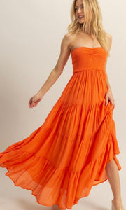 France Orange Ruched Bust Tiered Maxi Dress