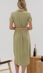 Leon Olive Button Down Belted Midi Dress