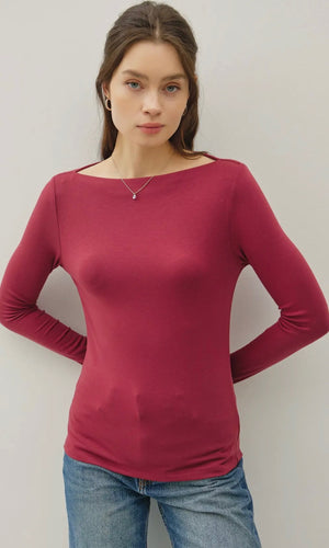 Lucy Burgundy Basic Boat Neck Long Sleeve Knit Top