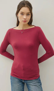 Lucy Burgundy Basic Boat Neck Long Sleeve Knit Top