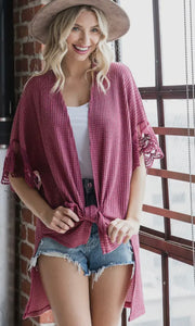 Delani Mauve Lace Sleeve Open Front Cardigan