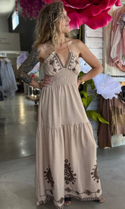 Mya Embroidey Brown Halter Maxi Dress