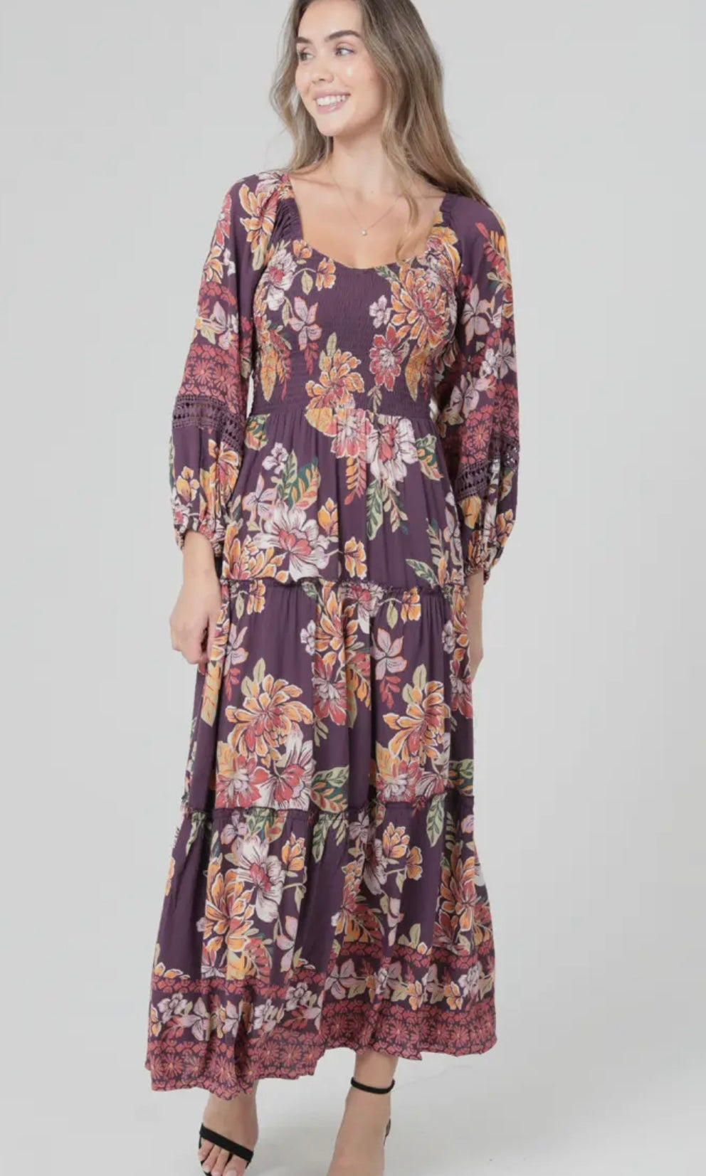 Jade Smocked Sweetheart Bodice Long Sleeve Maxi Dress