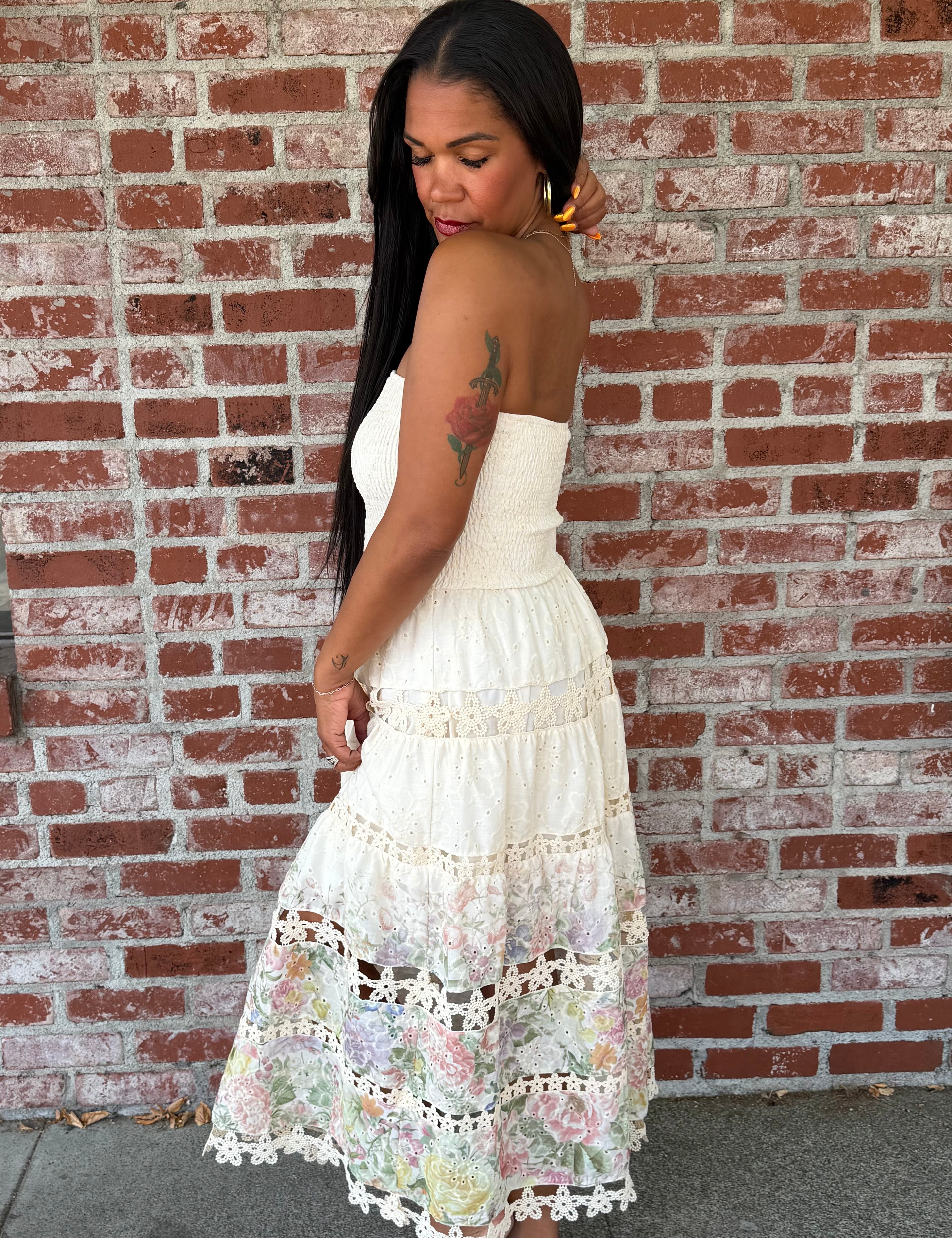 Violetta Cream Multi Eyelet Lace Tube Midi Dress