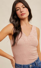 Fia Pink Lace Trim Ribbed Knit V Neck Tank Top