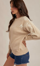 Mallory Taupe Embroidered Crew Neck Sweater Pullover