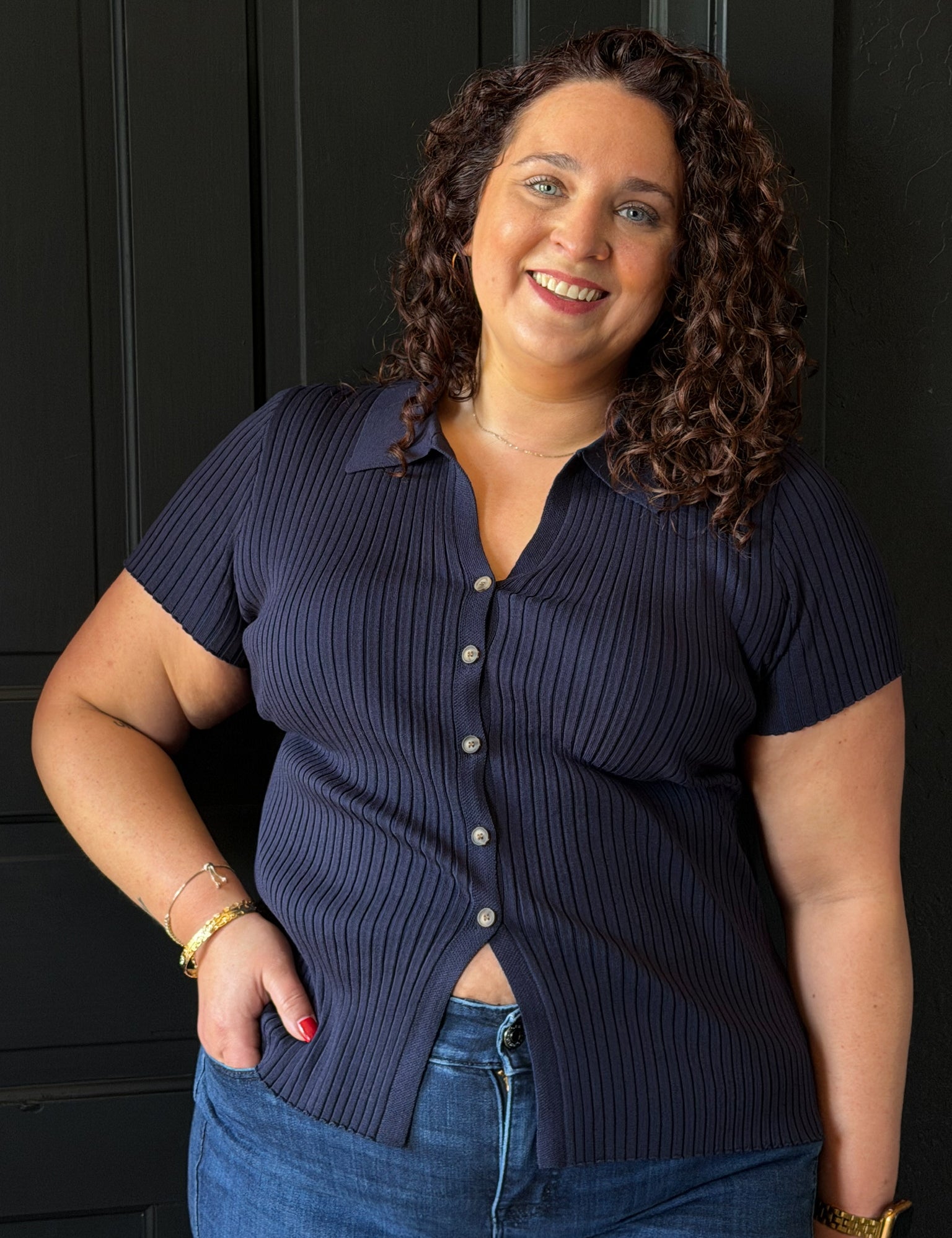 Indy Plus Collared Short Sleeve Ribbed Sweater Knit Top