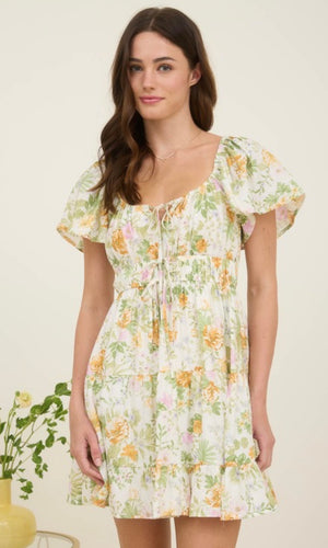 Gyuri Ivory Floral Front Tie Scoop Neck Tiered Mini Dress